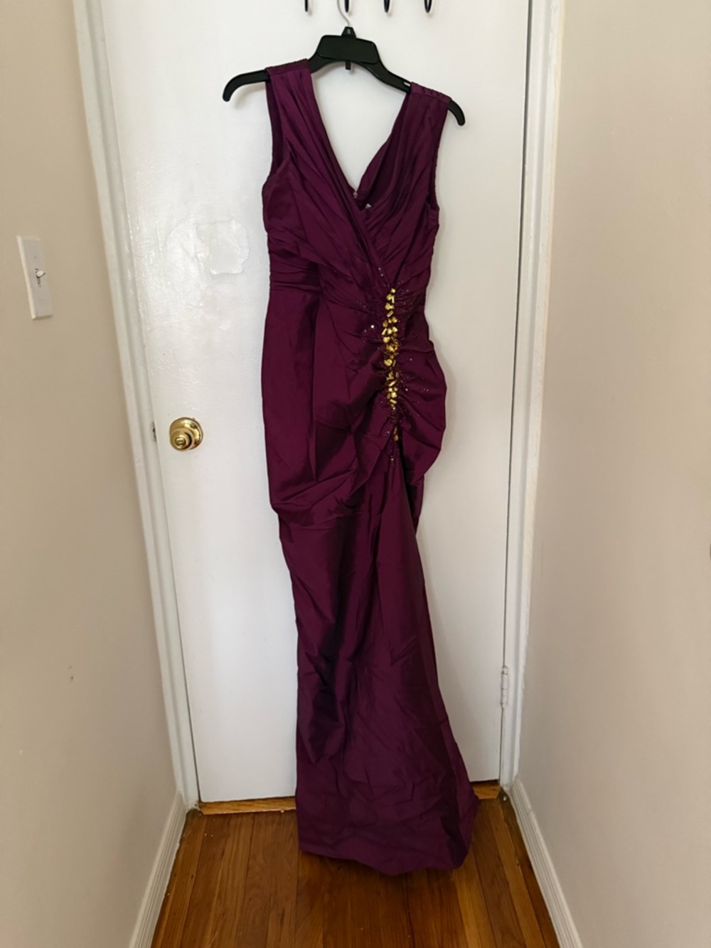 Plum V-Neck Evening Gown with Gold Accent